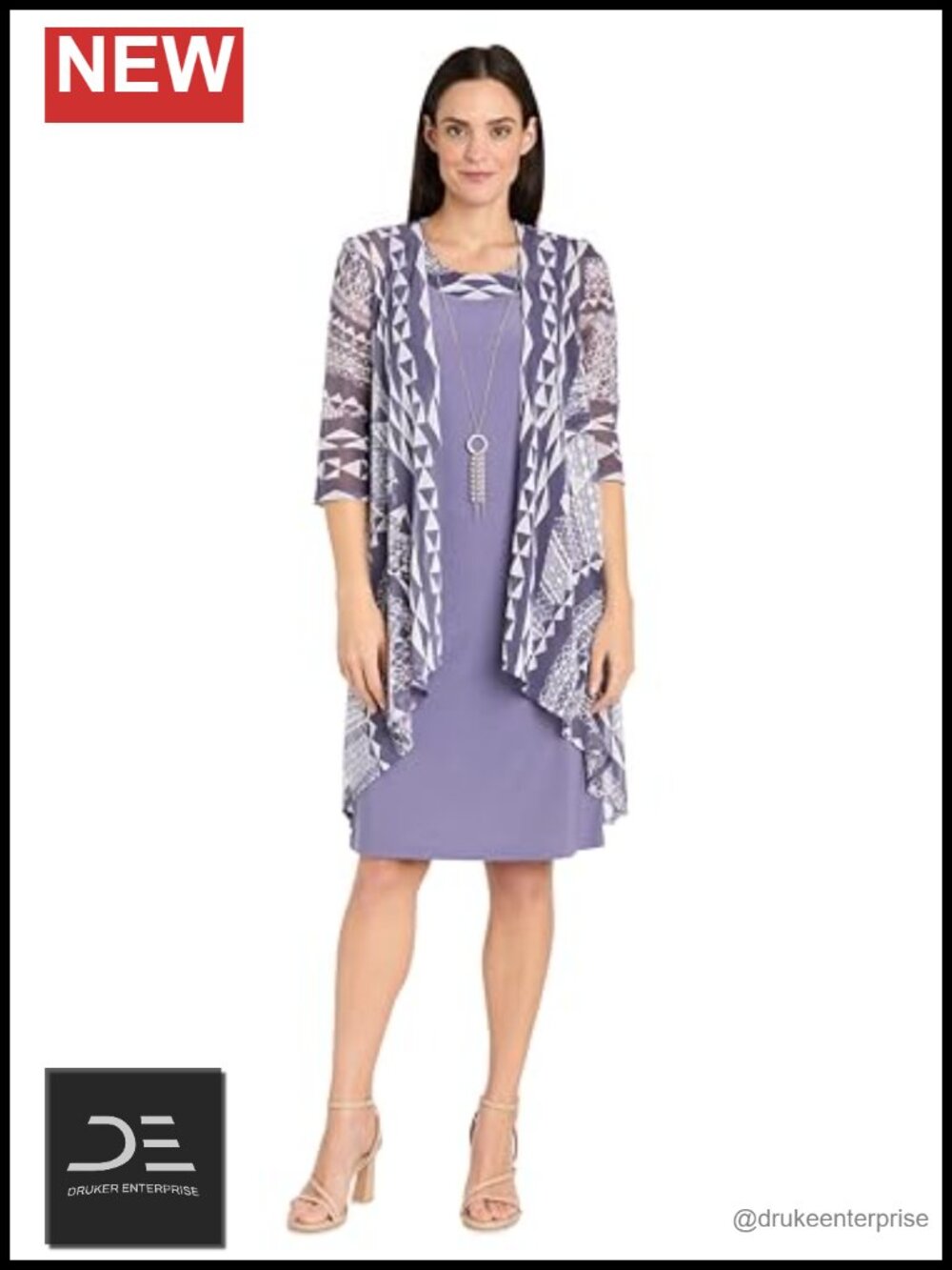 R&M Richards 2PC Sheath Dress Set with Flyaway Mesh Jacket & Necklace